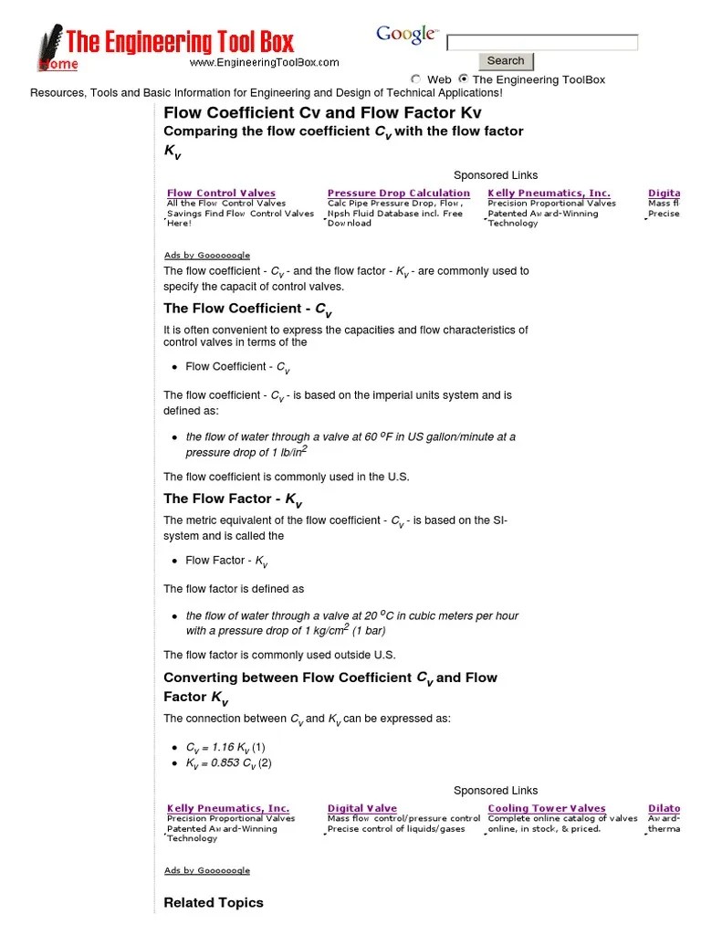 Flow Coefficient CV and Flow Factor KV PDF Valve Fluid Dynamics