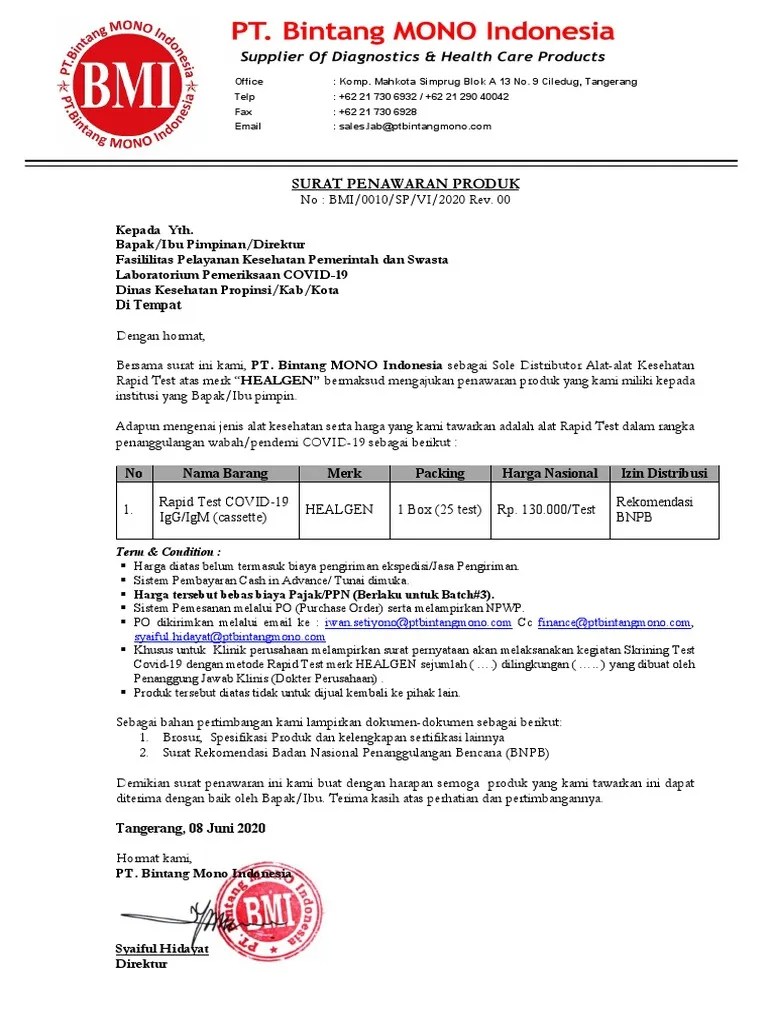 Surat Penawaran Produk Rapid Test COVID 19 - Fasyankes Rev. 00 (FINAL  Batch#3) | PDF
