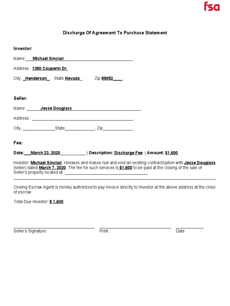 Discharge of Agreement To Purchase Statement PDF
