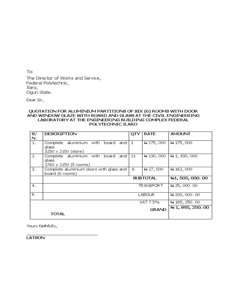 Quotation For Aluminium Partitions PDF