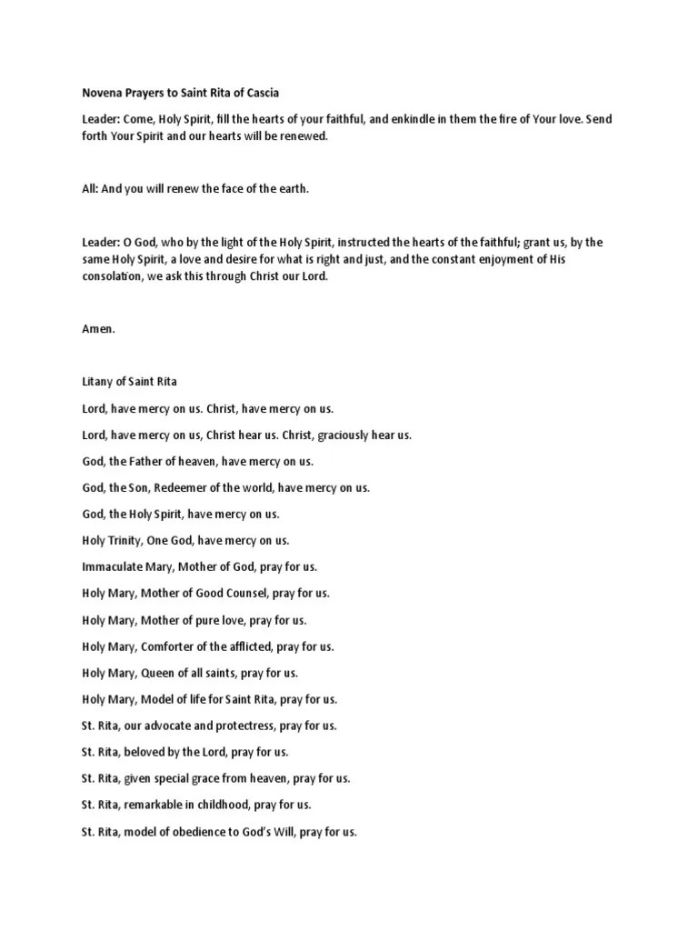Novena Prayers and Litany to Saint Rita of Cascia, Patroness of