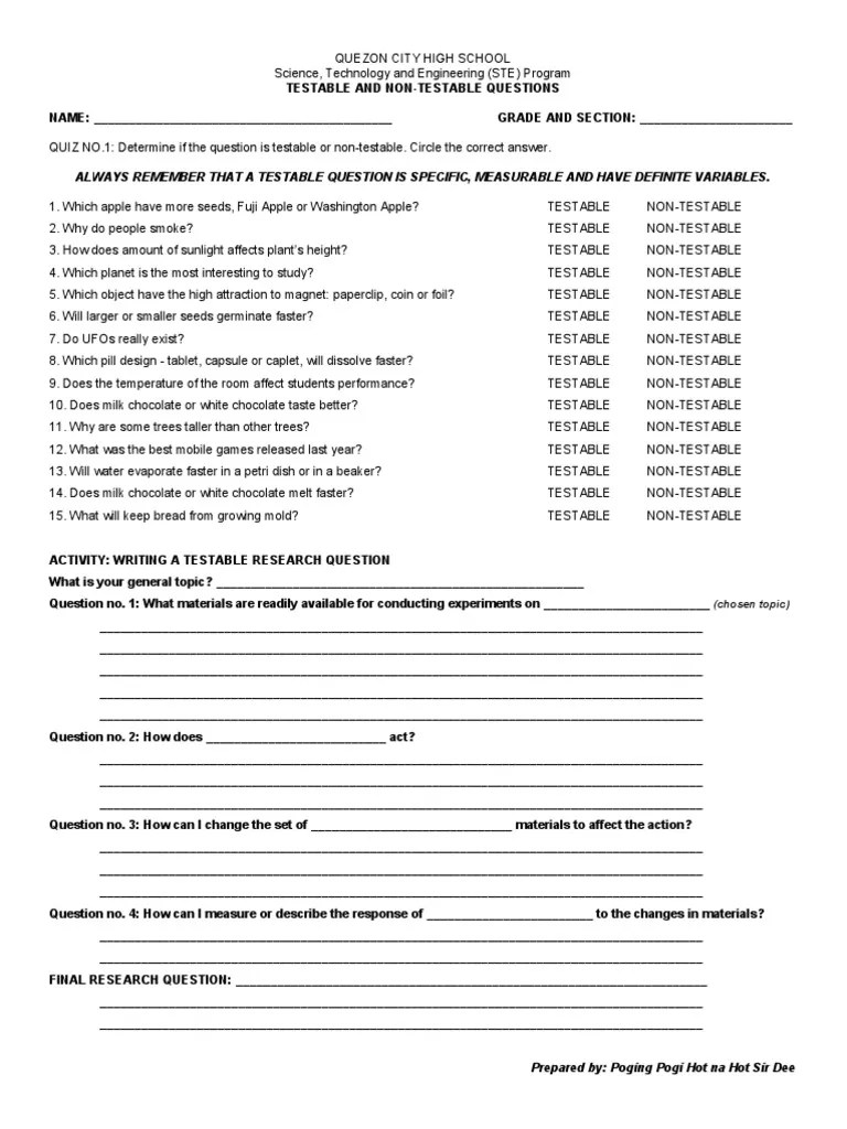 Distinguishing Testable and NonTestable Questions A Worksheet on