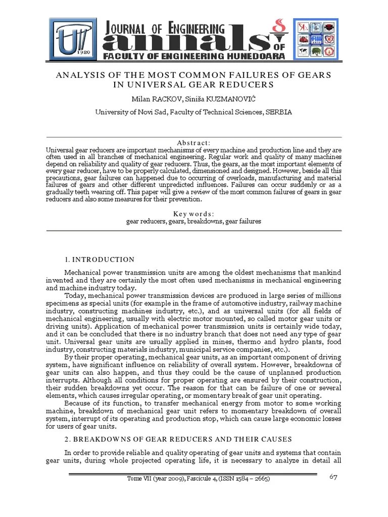 Analysis of The Most Common Failures of Gears in Universal Gear