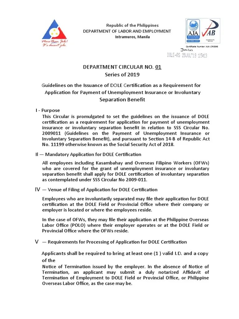 affidavit of termination of employmentDepartmentCircularNo.119