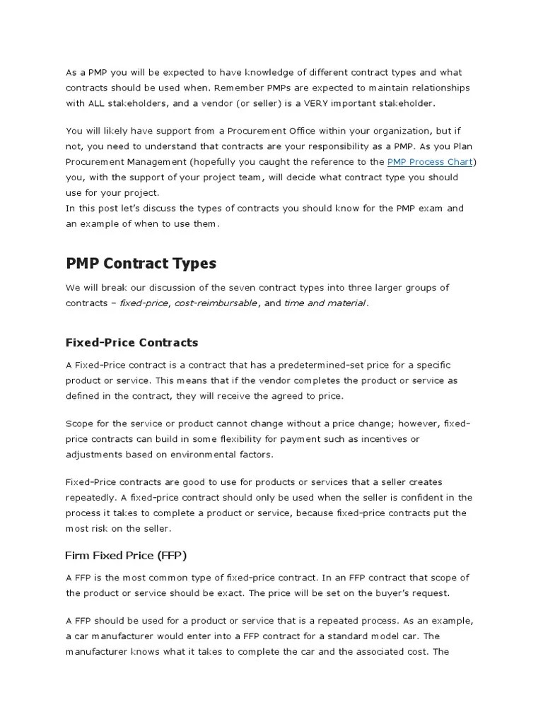 PMP Contract Types FixedPrice Contracts PDF Prices Cost