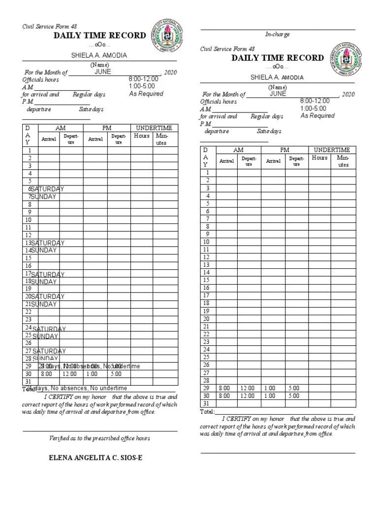 Daily Time Record Template PDF