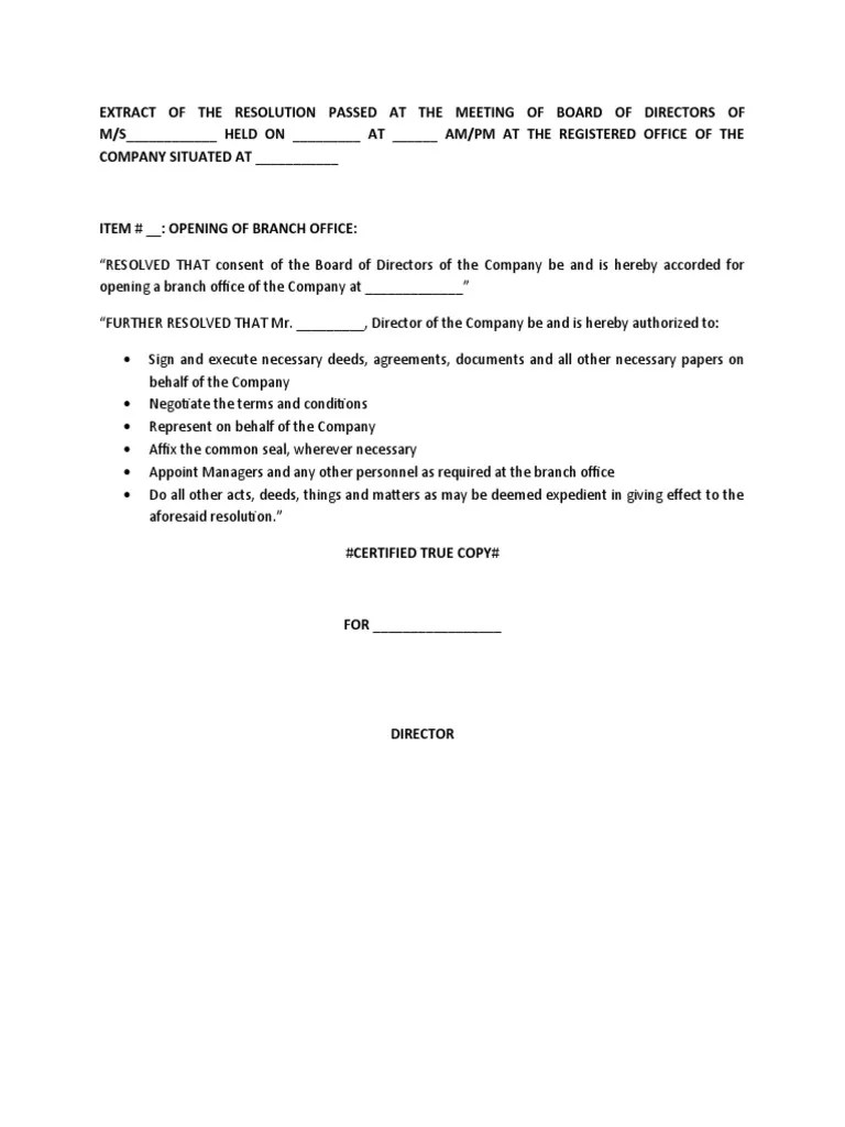 Board Resolution for Opening a Branch Office
