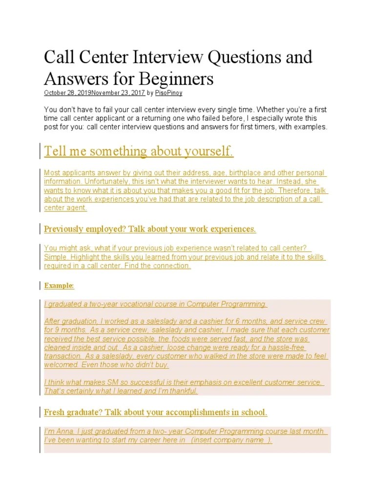 Call Center Interview Questions and Answer PDF Call Centre Job