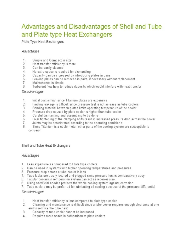 Advantages and Disadvantages of Shell and Tube and Plate Type Heat