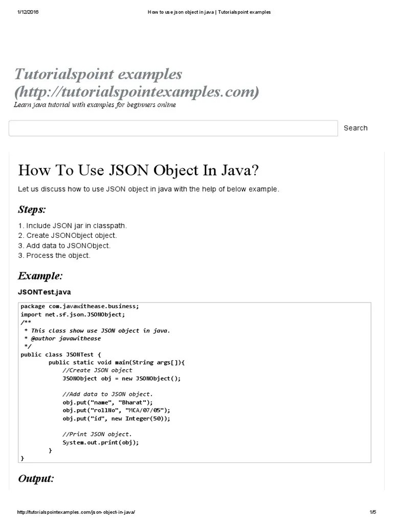 Tutorialspoint Examples How To Use JSON Object in Java? PDF Json