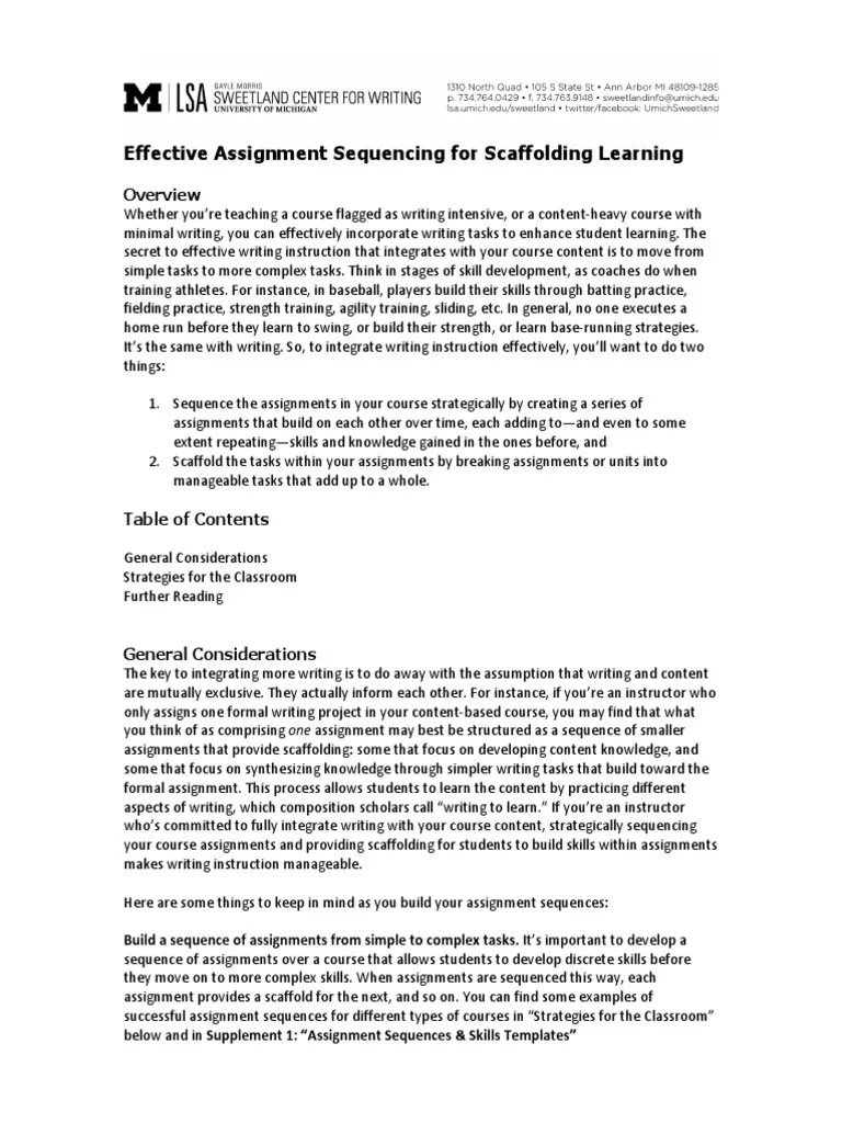 Effective Assignment Sequencing For Scaffolding Learning PDF Rubric