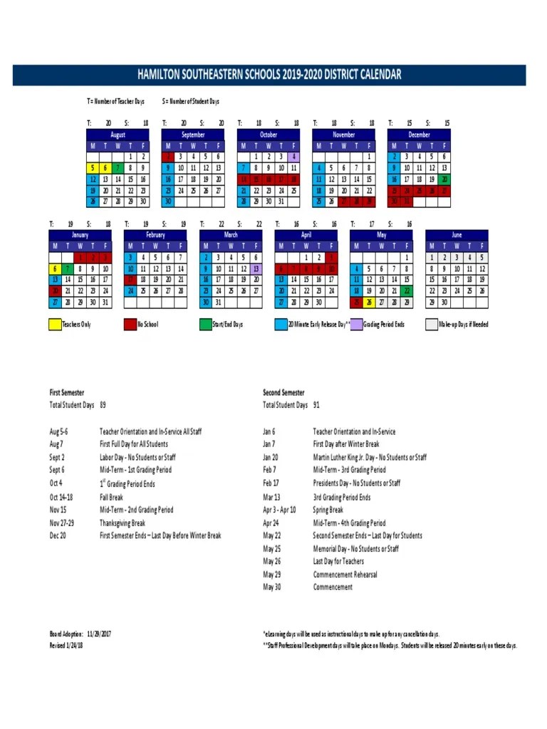 Hamilton Southeastern Schools 2019 2020 District Calendar Download