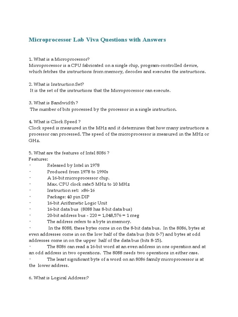 Microprocessor Lab Viva Questions & Answers PDF Central Processing