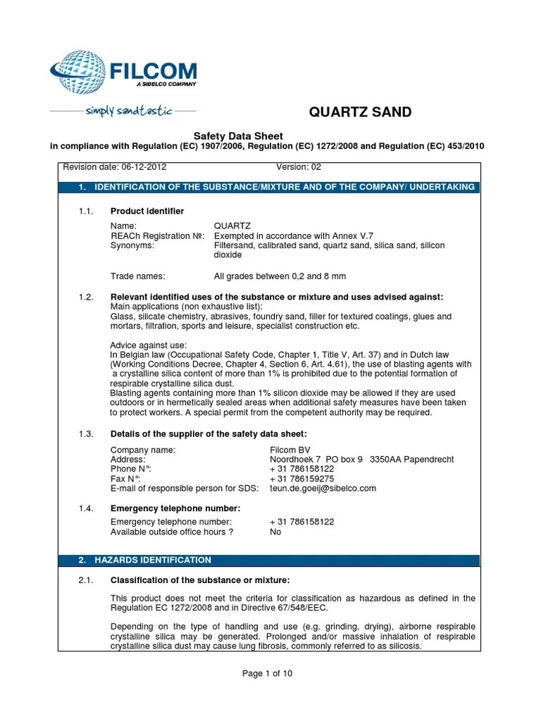 Quartz Sand Safety Data Sheet PDF Silicon Dioxide Occupational