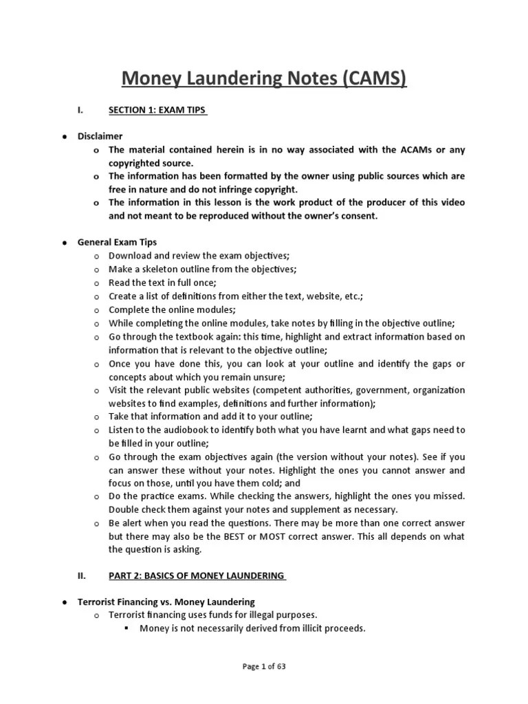 Money Laundering Notes (CAMS) Page 1 of 63 PDF Money Laundering