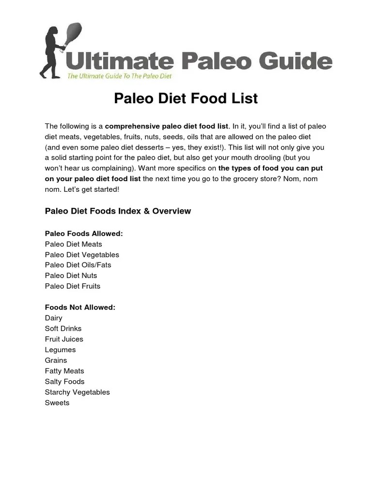 Paleo Diet Food List Printable PDF Bean Paleolithic Diet
