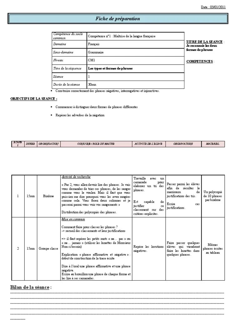 Fiche de préparationtypes et formes de phrases 1 Phrase