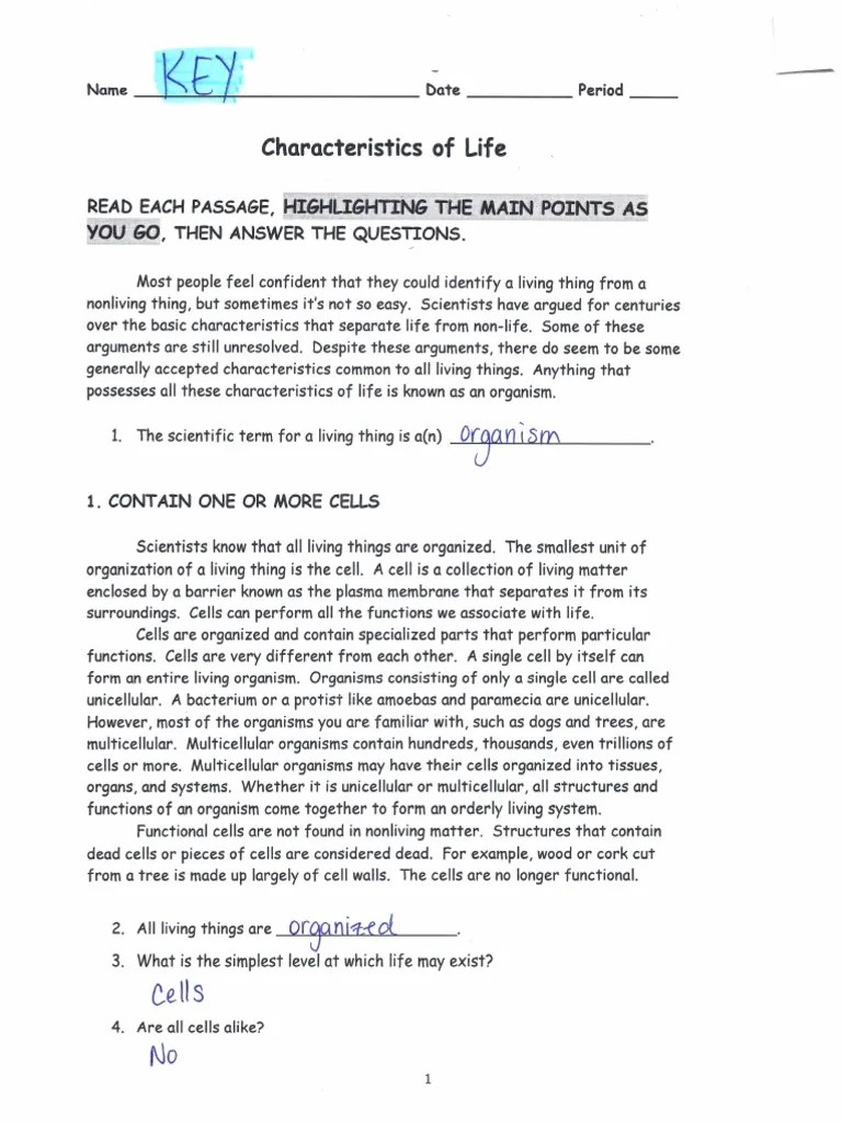 Characteristics Of Life Worksheet Answers – E-streetlight.com