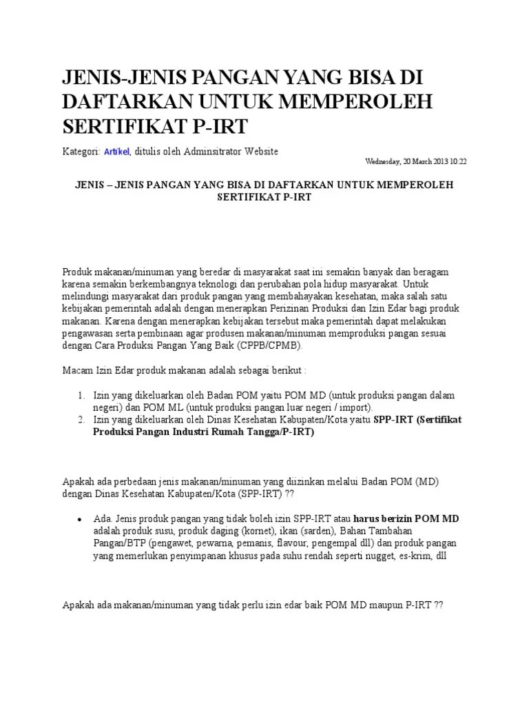 Jenis-Jenis - Pangan - Yang - Bisa - Di - Daftarkan Pirt | PDF