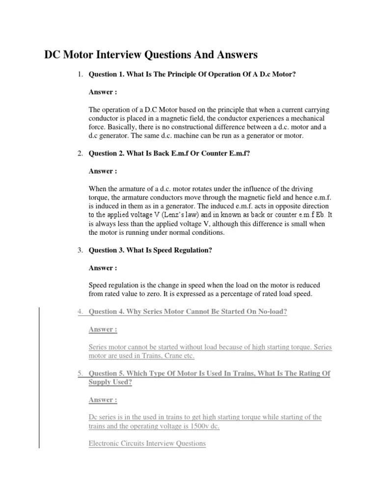 DC Motor Interview Questions and Answers Answer PDF Electric Motor