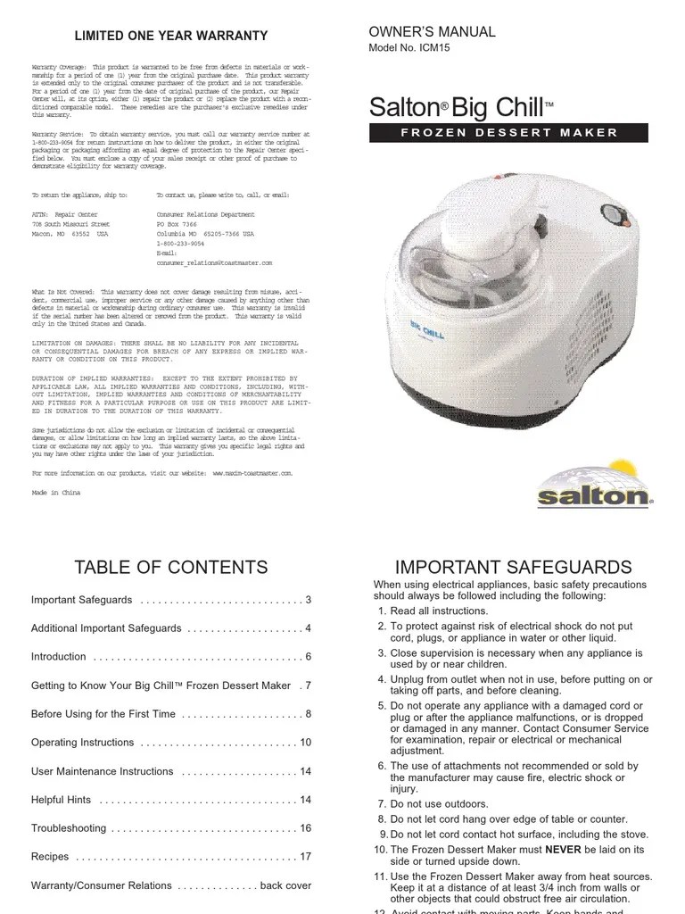 Salton Big Chill Ice Cream Maker ICM15 IB Ice Cream Refrigerator