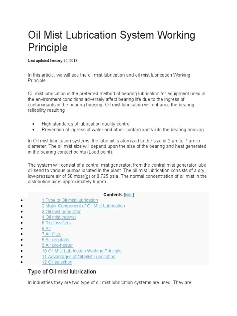 Oil Mist Lubrication System Working Principle PDF Lubricant