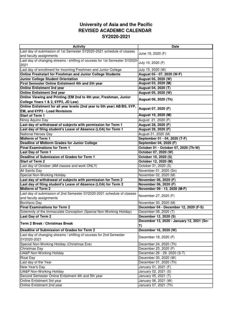 UA&amp;P Academic Calendar SY20202021 (Updated 6.30.2020) PDF Academic