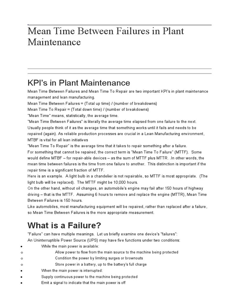 Mean Time Between Failures in Plant Maintenance PDF