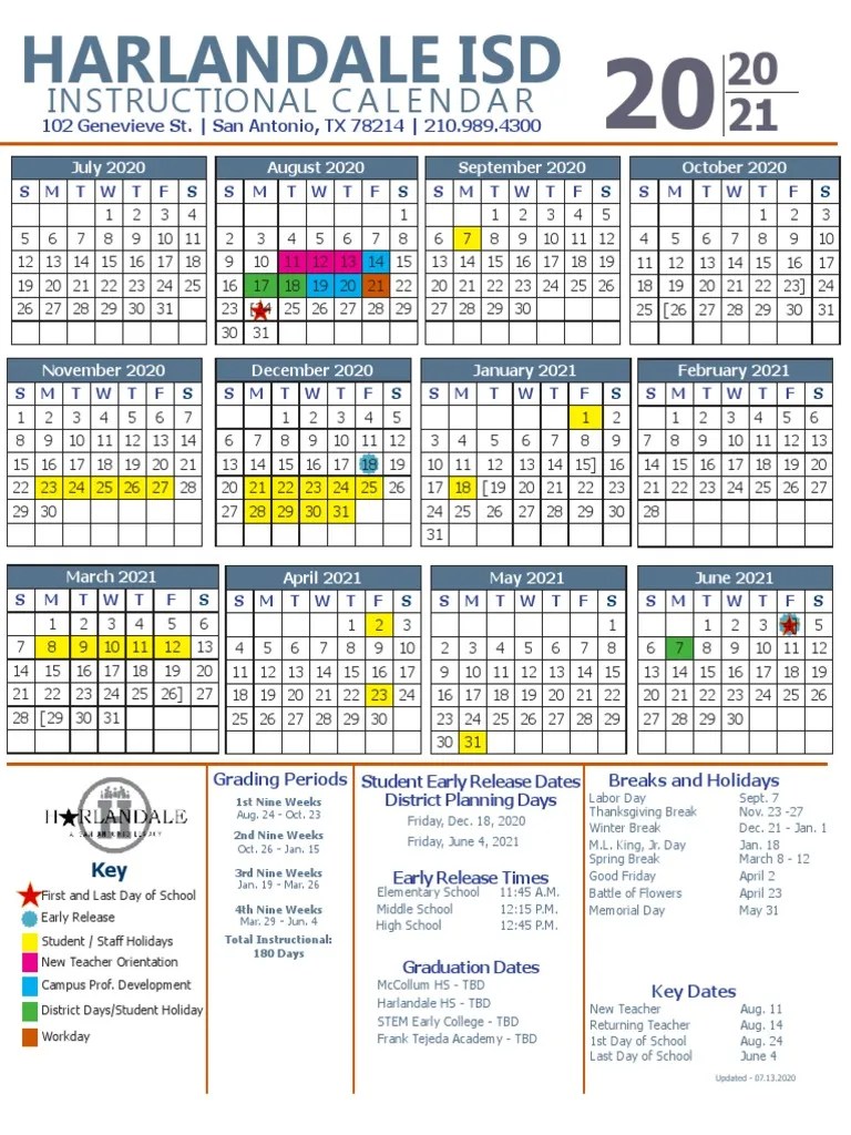 Harlandale ISD 2020 2021 District Calendar FINAL As of July 21 2020 PDF