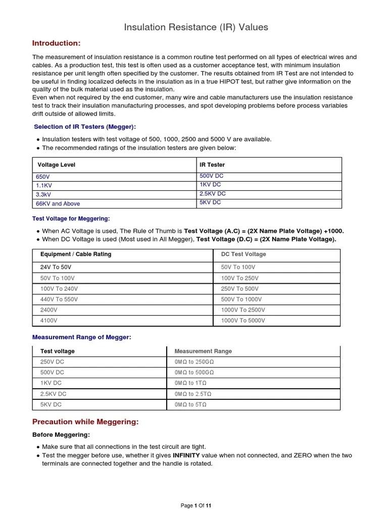 IR Insulation Resistance Values PDF Transformer Insulator