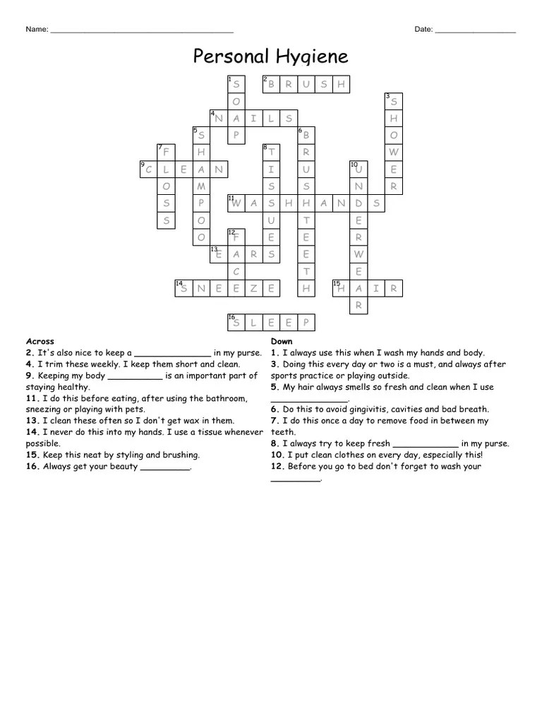 Cross Word Personal Hygiene Answer Key PDF Hygiene