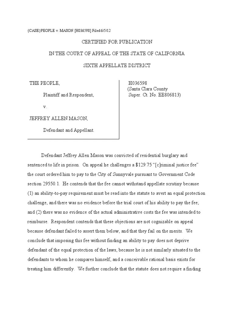 (CASE) PEOPLE v. MASON (H036598) Filed 6/5/12 PDF Equal Protection
