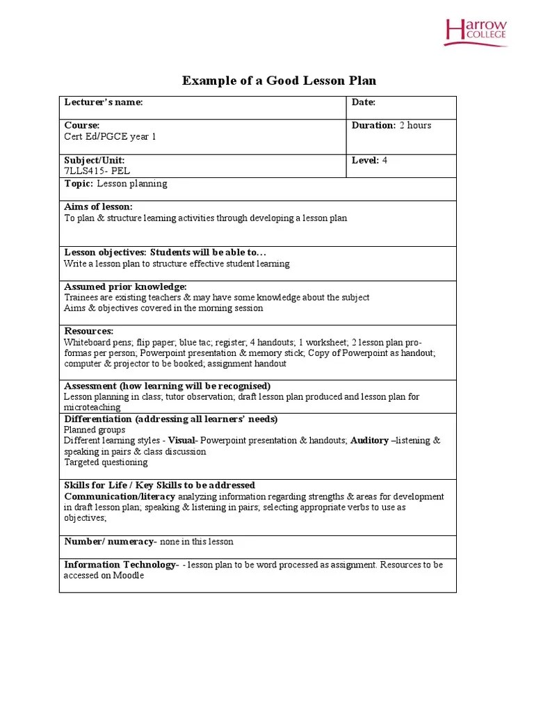 Example of A Good Lesson Plan Cert Ed/PGCE Year 1 PDF Lesson Plan Microsoft Power Point