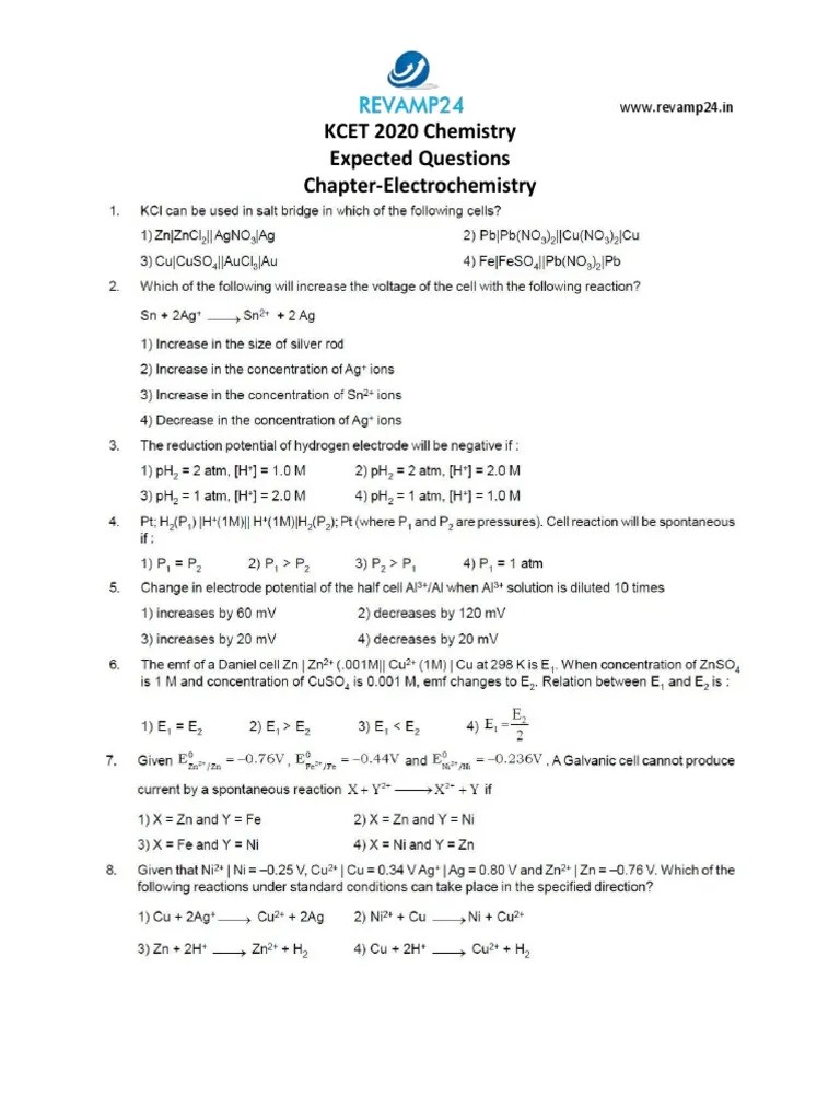 KCET 2020 Chemistry Expected Questions ChapterElectrochemistry PDF