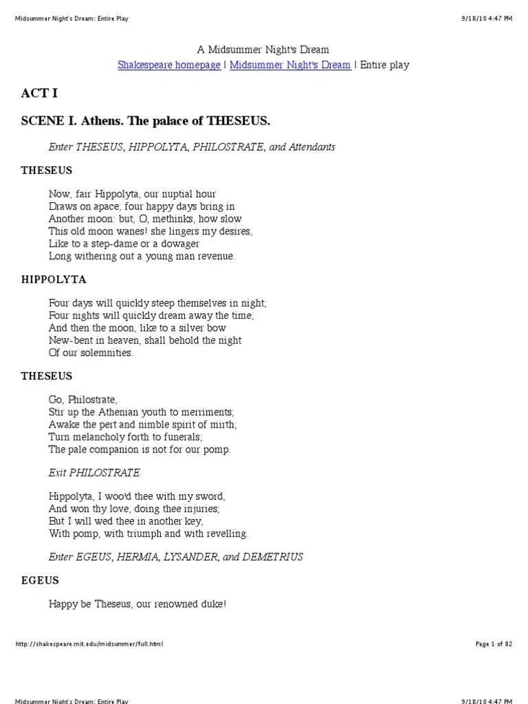 Midsummer Night's Dream Entire Play PDF A Midsummer Night's Dream
