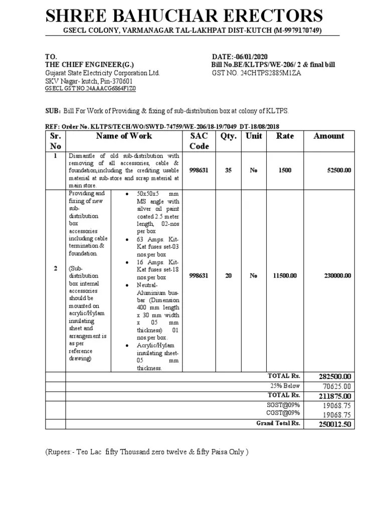 Sr. No Name of Work SAC Code Qty. Unit Rate Amount Download Free PDF