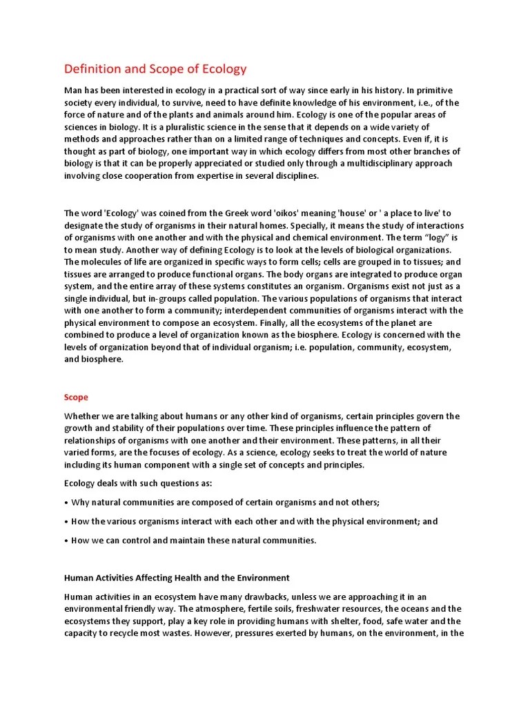 Definition and Scope of Ecology PDF Ecology Soil
