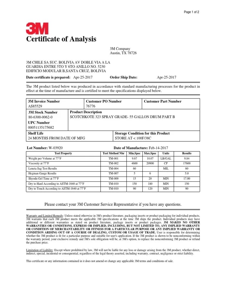 Certificate of Analysis Please Contact Your 3M Customer Service