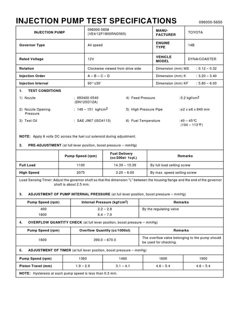 Specification and Adjustment Procedures for an Injection Pump Test on a
