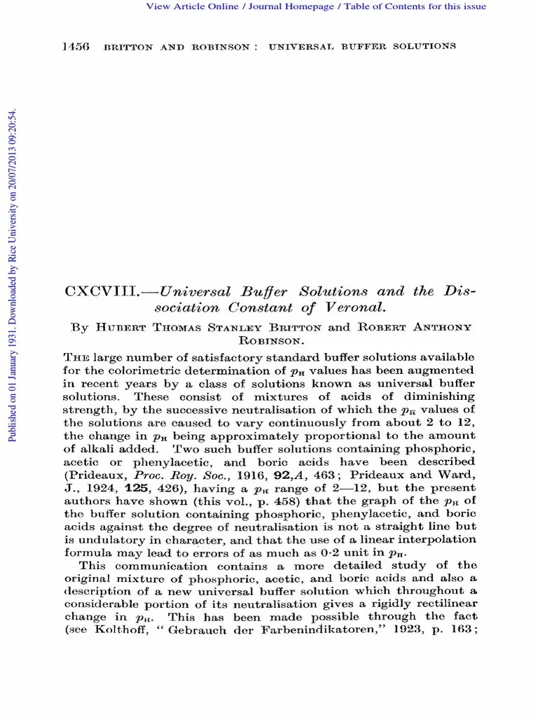 CXCVIII, Universal Buger Solutions and The Sociation Constant Veronal
