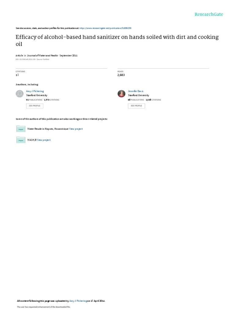 Efficacy of AlcoholBased Hand Sanitizer On Hands PDF Hand Washing