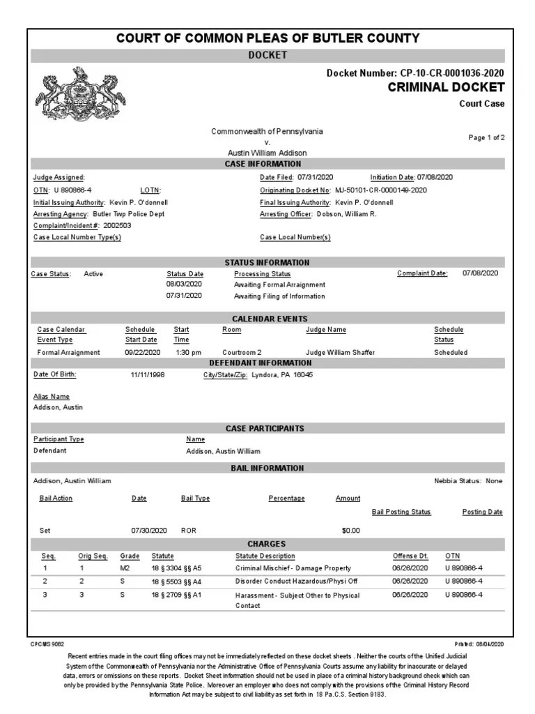 Austin Addison Court of Common Pleas Docket PDF Criminal Record