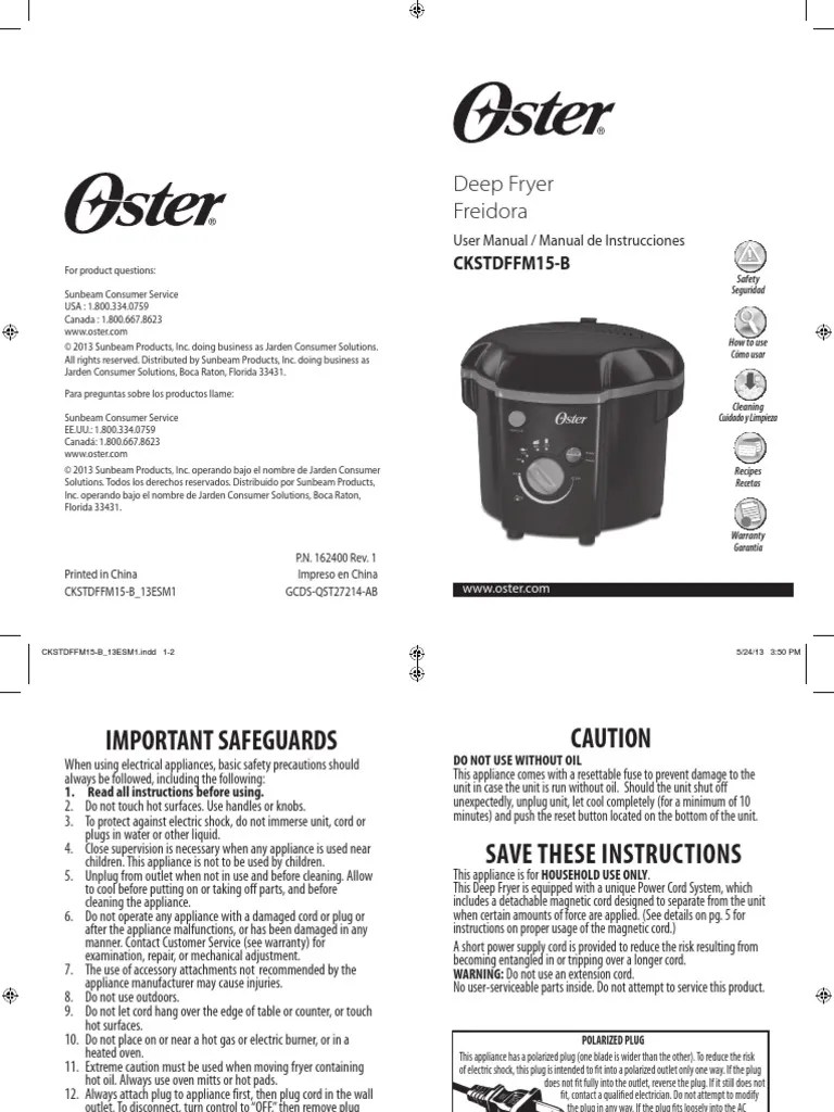 Oster Deep Fryer Freidora Manual de Usuario PDF Ac Power Plugs And