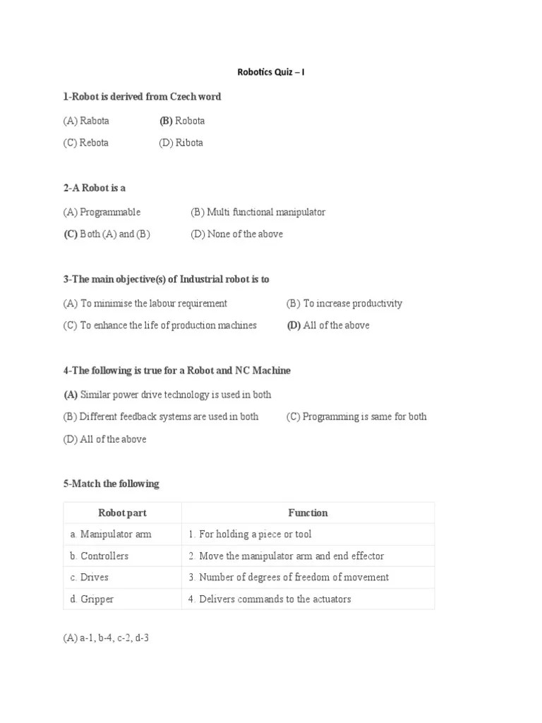 Robotics Quiz With Answer PDF Robotics Coordinate System