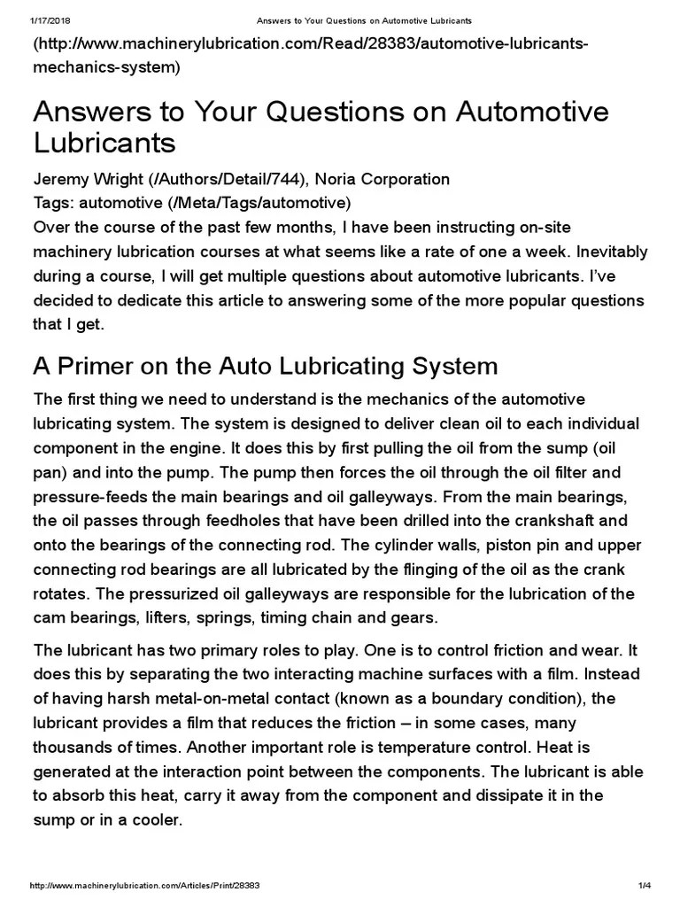 Answers To Your Questions On Automotive Lubricants PDF Motor Oil