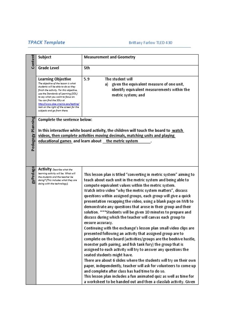 Bfarlow Tpack Template Iwb Summer20 1 PDF Lesson Plan Pedagogy