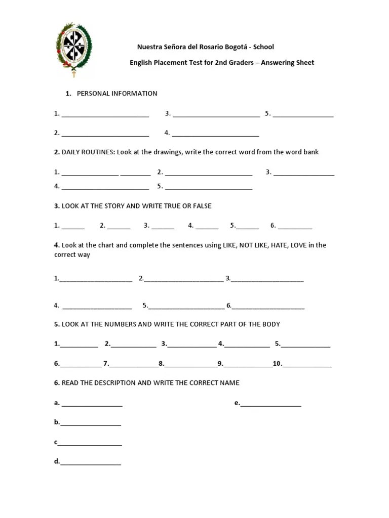 ENGLISH Placement Test 2nd Grade - Answering Sheet | PDF | Cognition