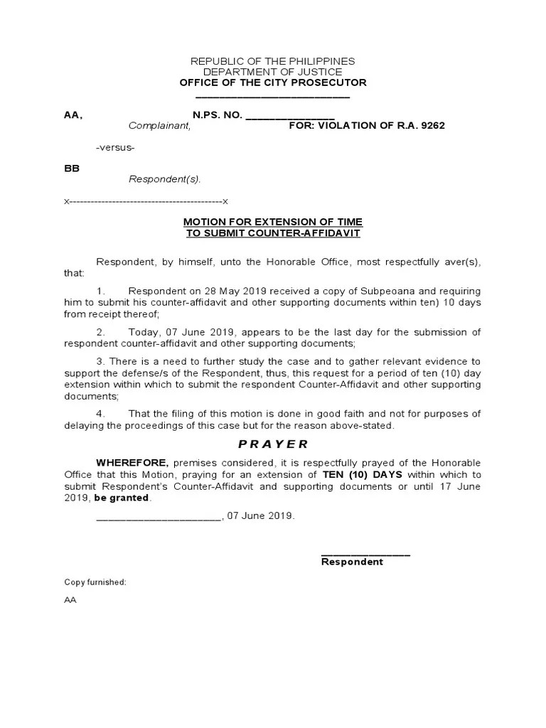 SAmple Motion For Extension of TIme To Submit COunter | PDF