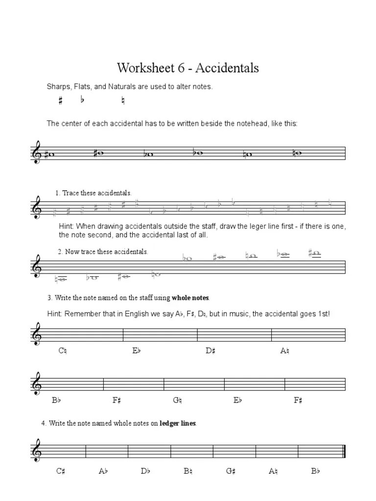 Tracing Sharps, Flats, and Naturals A Worksheet on Drawing Accidentals PDF