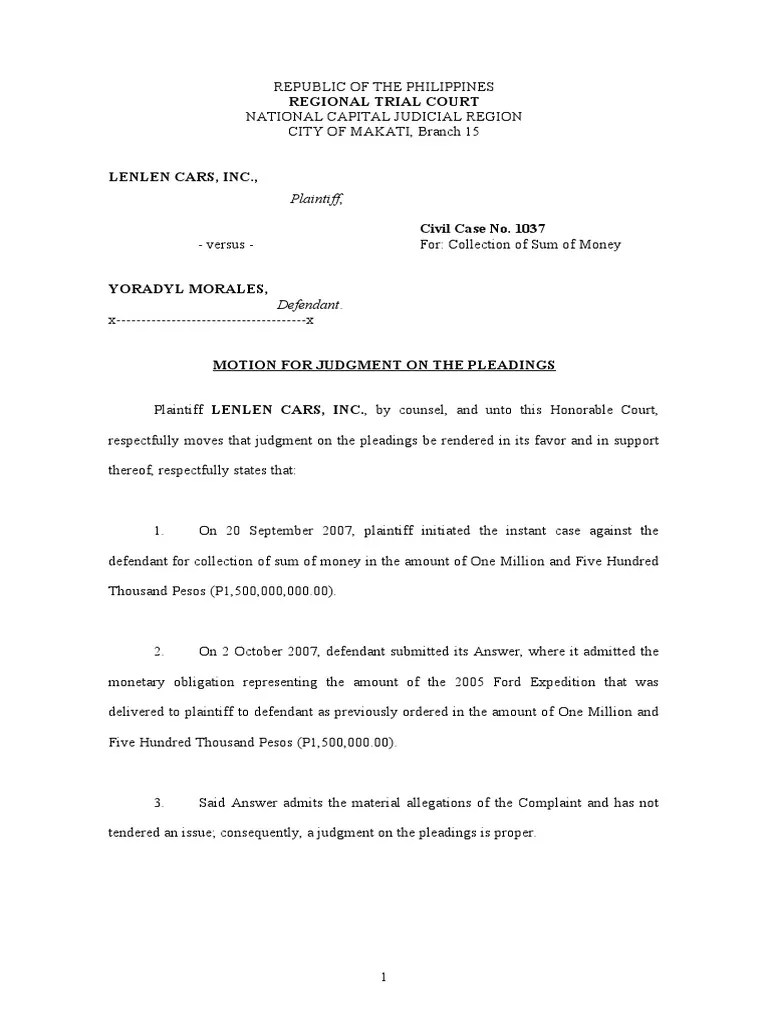 Motion For Judgment On The Pleadings PDF Pleading Judgment (Law)